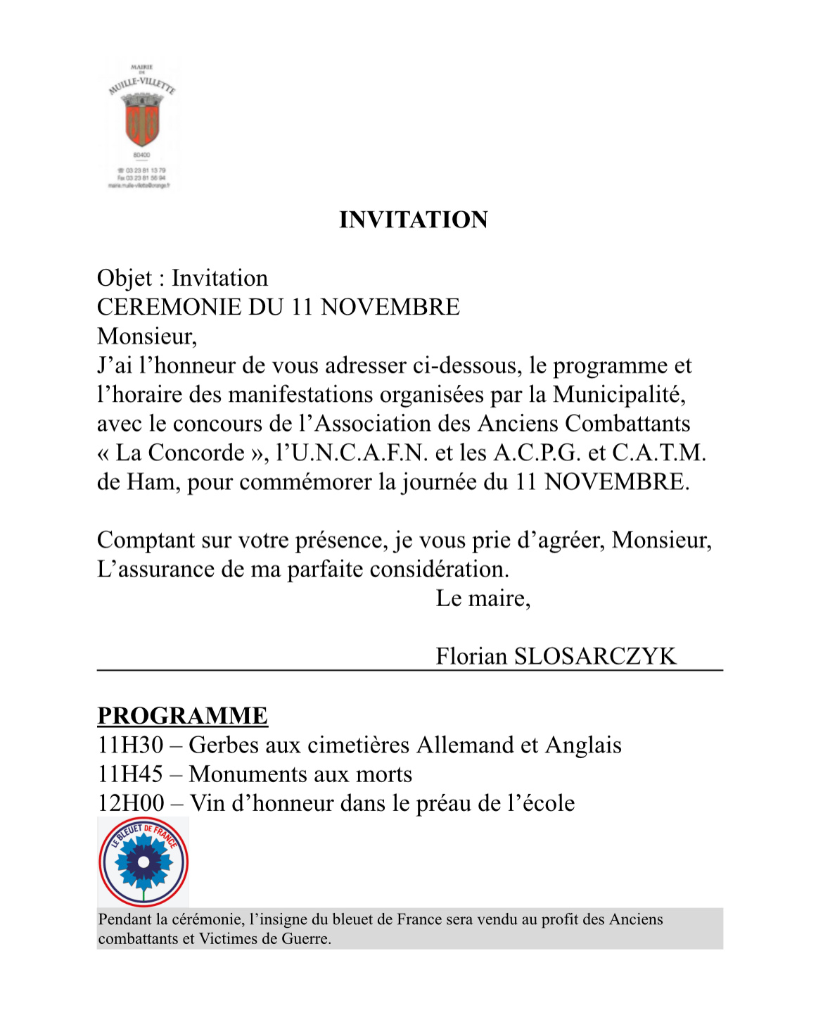 Invitation ceremonie du 11 novembre